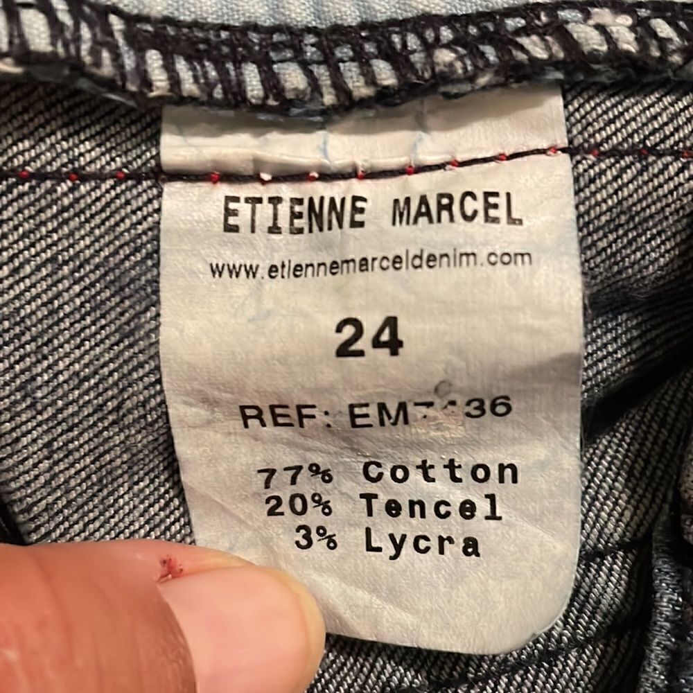Etienne Marcel Tammy Side Stripe Skinny Double Red Ribbon High Low Raw Hem Jeans - Picture 7 of 8